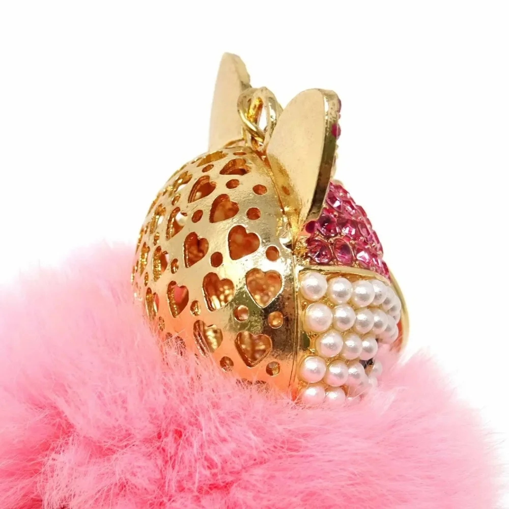 Pink Plush Pom Pom FOX Rhinestones Pearls Feminine Elegant Luxury Keychain Gift